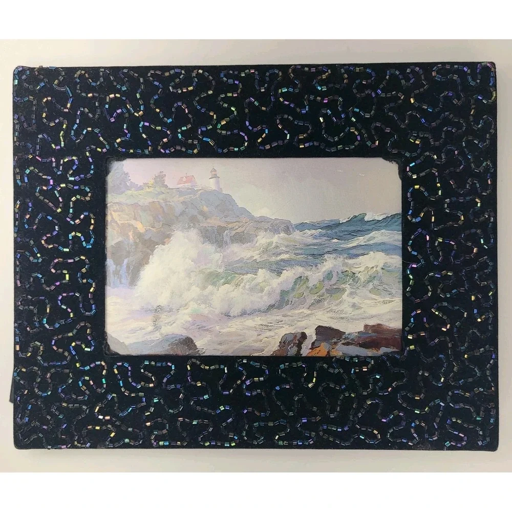 Beaded Picture Frame Black Iridescent Holds 4x6 Photo Coastal Gothic Decor